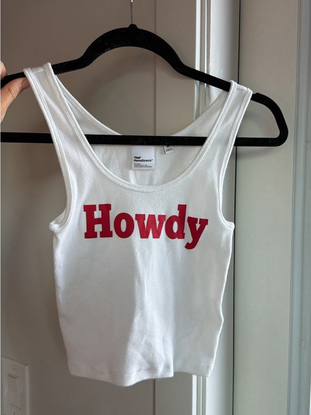 Aritzia White Ribbed Tank Top with Red "Howdy" Print